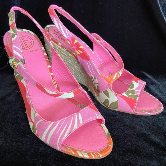 Lilly Pulitzer Espadrille Sling Back Wedge Logo Pink Floral Peep Toe sz 9M - Picture 1 of 13
